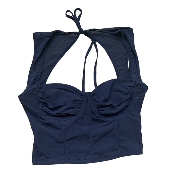 NWT SHEIN Tie Back Ruched Bustier Navy Blue Cropped Tank Top (size S) - Picture 2 of 6